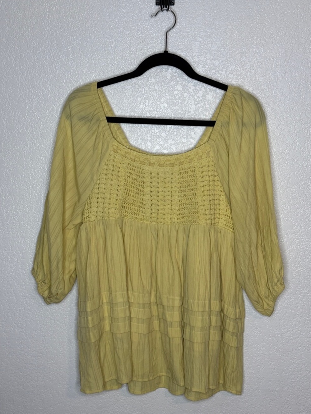 Hey Son Lemon Yellow Crochet Insert Peasant Blouse Size Medium